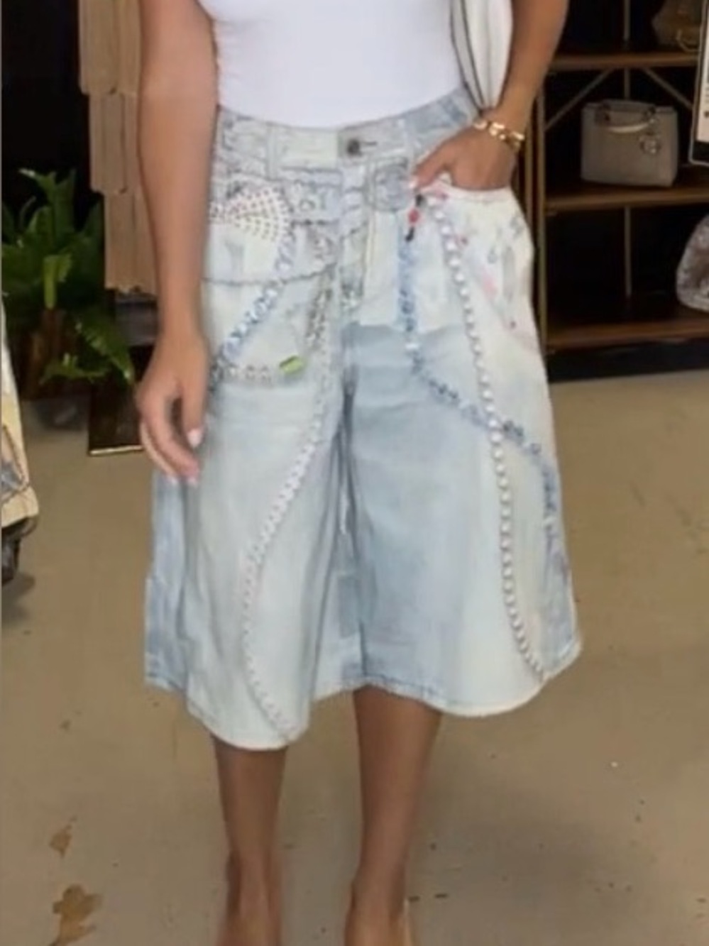 Monique Light Blue Denim Bermuda Shorts with Pastel Bead Print
